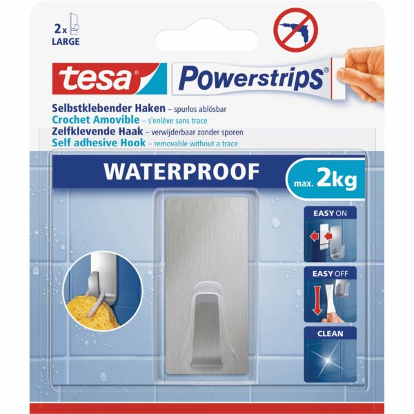 Tesa Powerstrips Haken Waterproof eckig Edelstahl Large