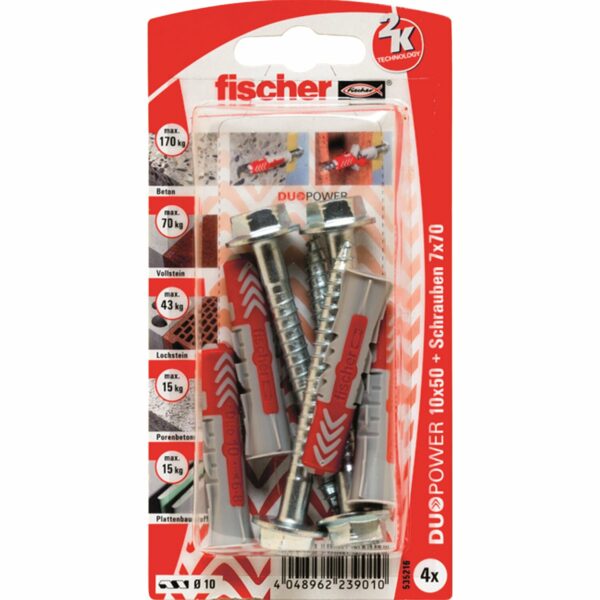 Fischer Dübel DuoPower Ø 10 mm x 50 mm S K 4 Stück mit Sicherheitsschraube