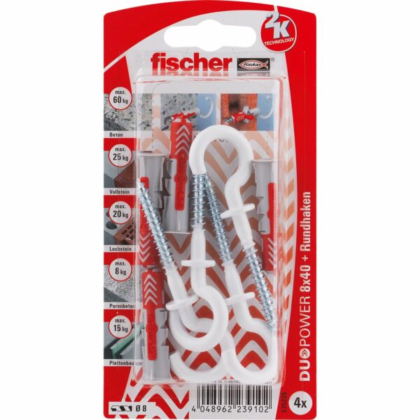 Fischer Dübel DuoPower Ø 8 mm x 40 mm RH N K 4 Stück mit Rundhaken