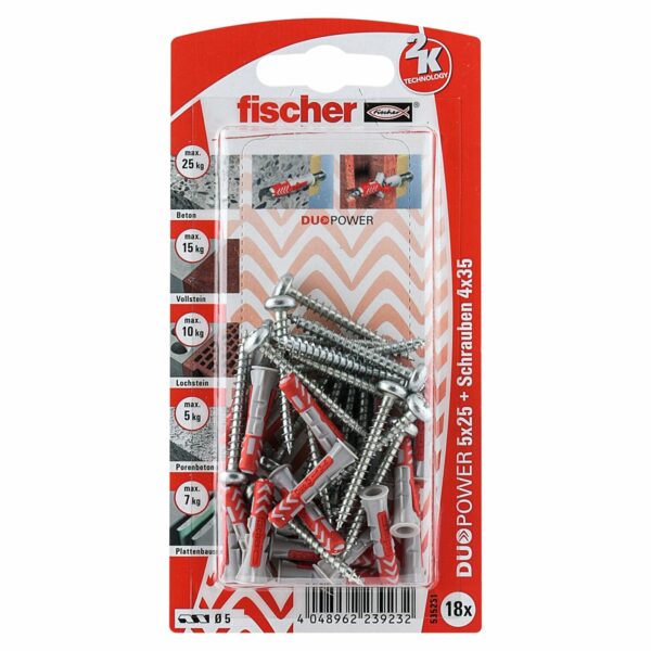 Fischer Dübel DuoPower Ø 5 mm x 25 mm S PH K 18 Stück mit Panhead-Schraube