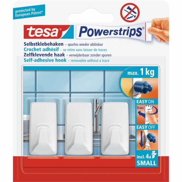 Tesa Selbstklebehaken Kunststoff 3 Stück mit 4 x Powerstrips Small